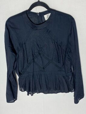 dRA Black Long Sleeve Embroidered Lace Peplum Blouse Top M Goth Boho Coquette